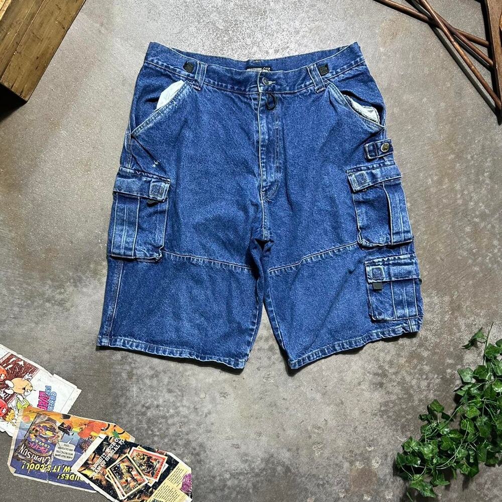 Vintage 90s First Down Cargo Jean Shorts Mens 36" Ultra Baggy Y2K Skater Jorts
